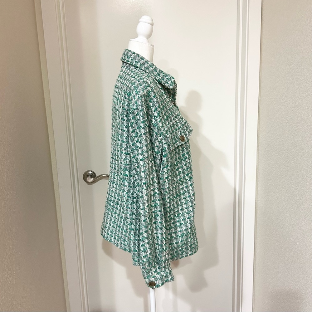 Anthropologie Maeve Plaid Tweed Relaxed Shacket Shirt Jacket Preppy Green M EUC - Picture 3 of 12